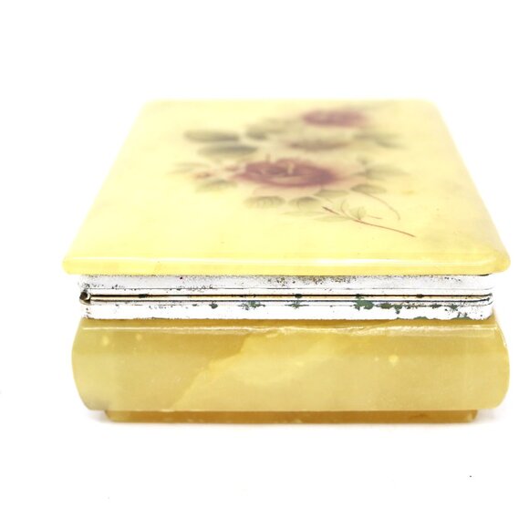 Vintage Genuine Alabaster Trinket Jewelry Box Yellow w/Flowers Created in Italy - Picture 8 of 11